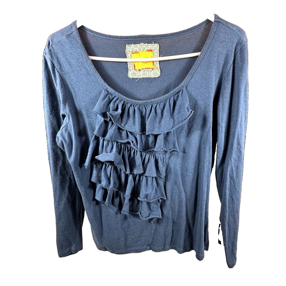 Bella Bird Women XS Small Teal Top Long Sleeve Ruffle Front Top Y2K 90's Festive